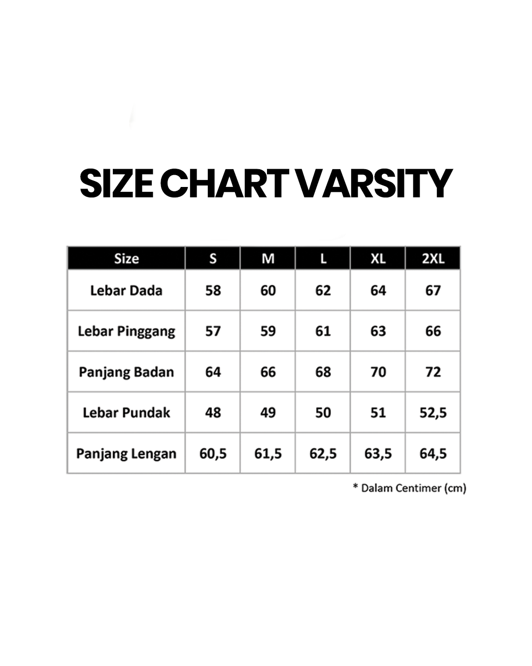 Size Chart Varsity Jacket Perindo